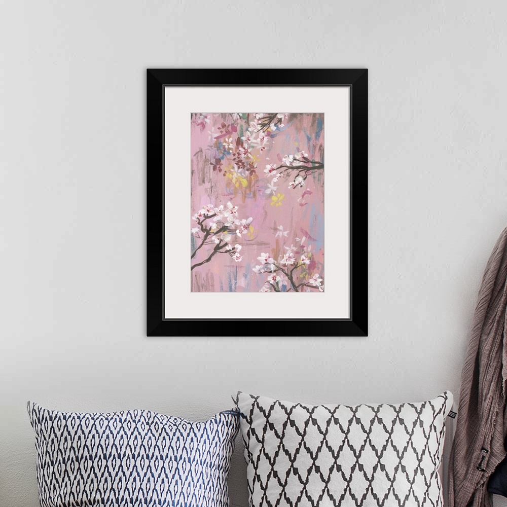 A bohemian room featuring Cherry blossom branches on a pink background.
