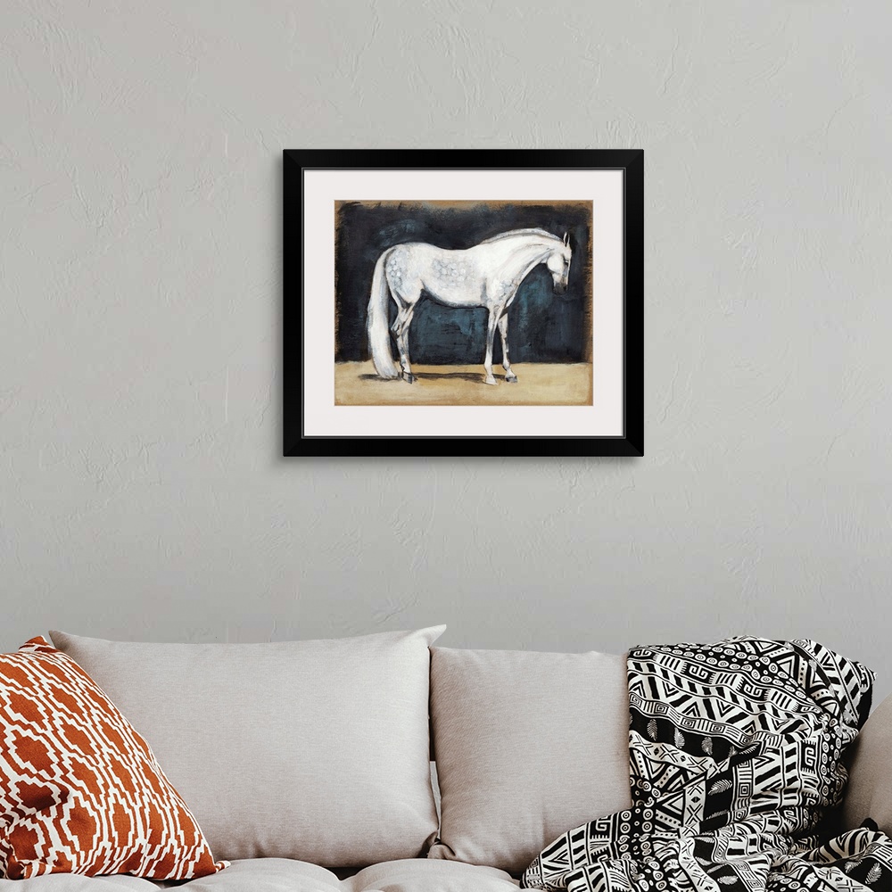 A bohemian room featuring Contemporary painting of a white horse against a dark background.