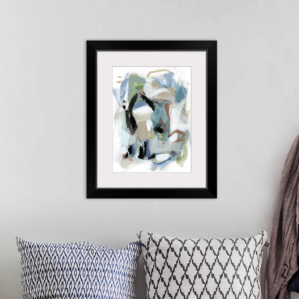 A bohemian room featuring Contemporary abstract artwork in shades of teal, white, and black.