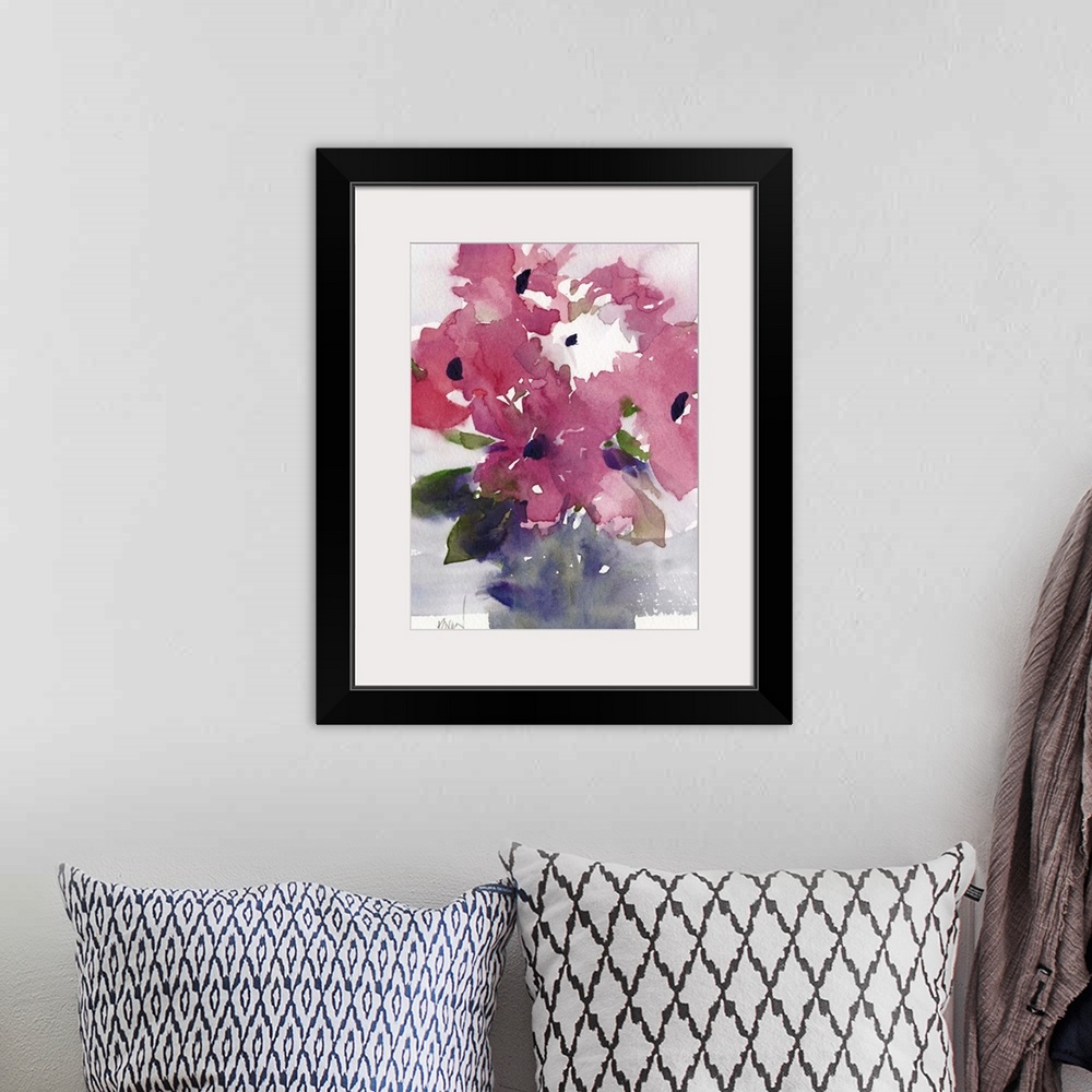 A bohemian room featuring Contemporary watercolor painting of a vase of maroon flowers.