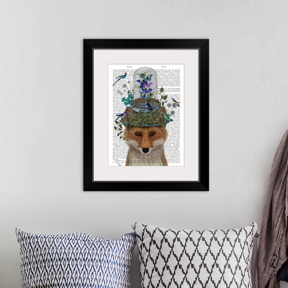 A bohemian room featuring Decorative artwork with a fox balancing a bell jar with butterflies flying inside on top of its h...