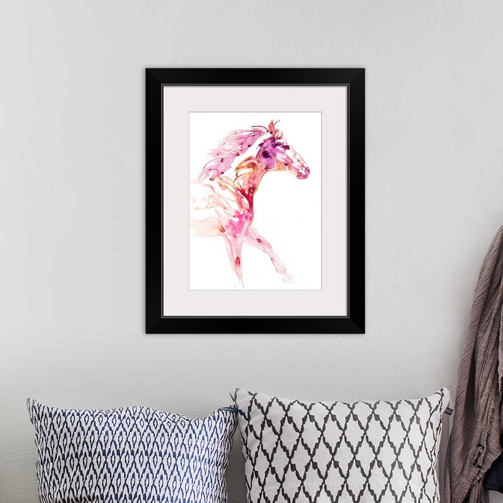 A bohemian room featuring Watercolor painting of a horse created with pink, purple, and orange hues on a white background.