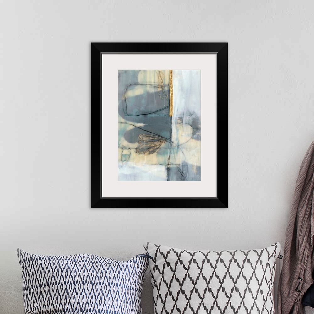 A bohemian room featuring Whimsical contemporary abstract collage in grey-blue and gold.