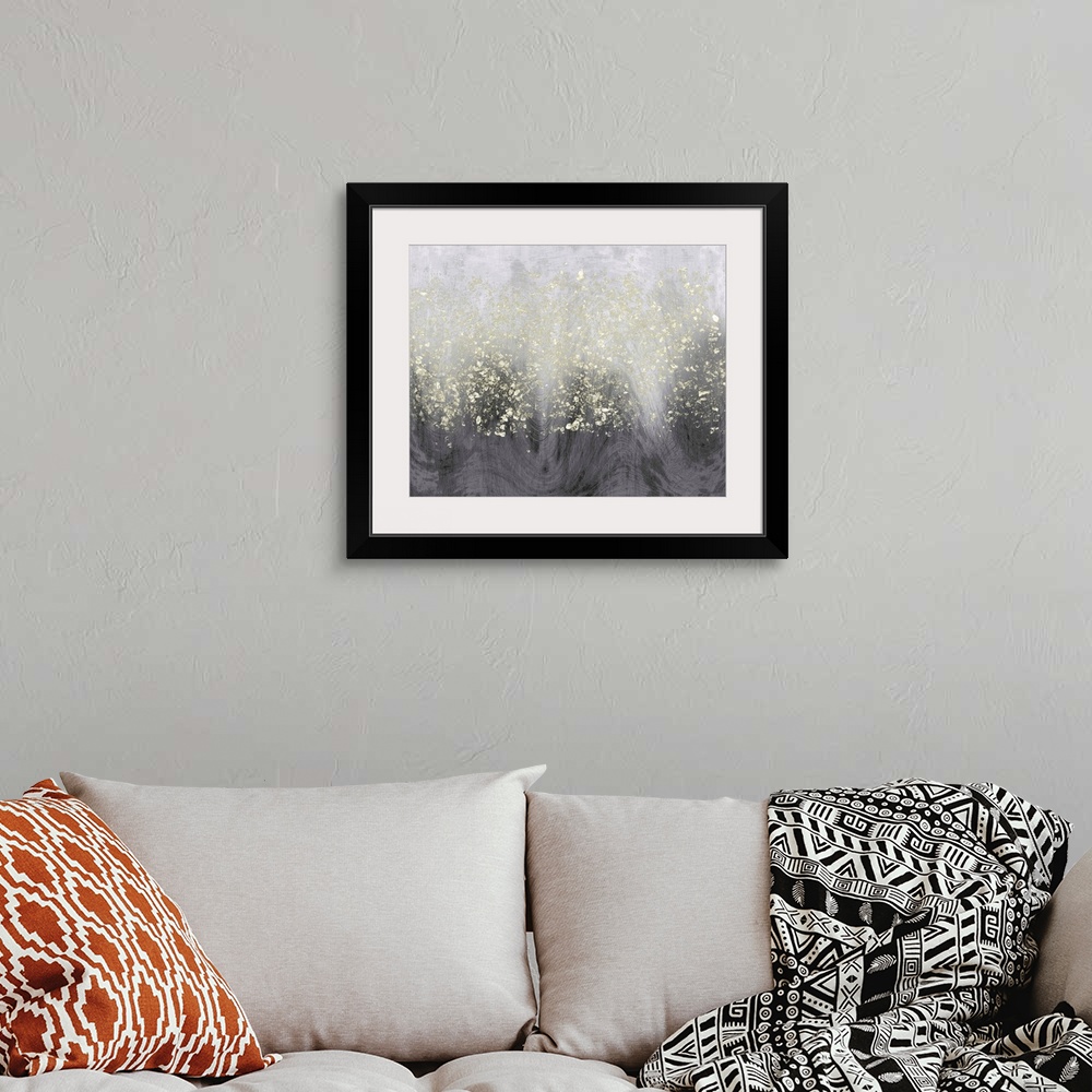 A bohemian room featuring Abstract painting of horizontal wavy brush strokes of gray,with dark shades on the bottom, and ov...