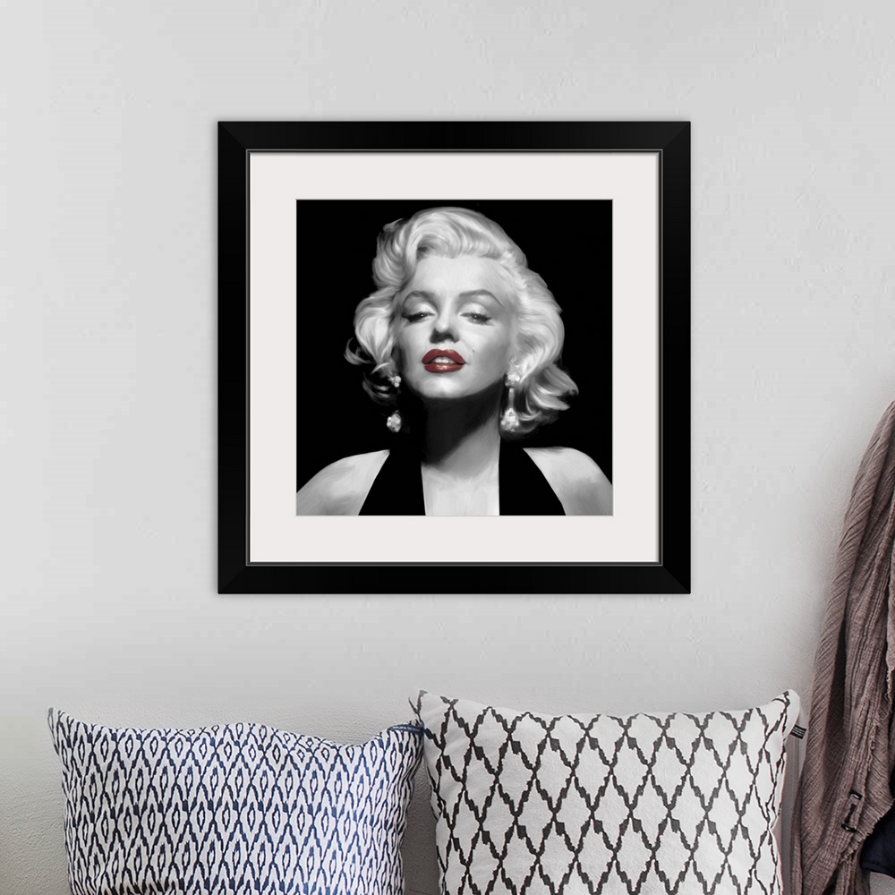 A bohemian room featuring Black and white image of Marilyn Monroe with red lipstick.