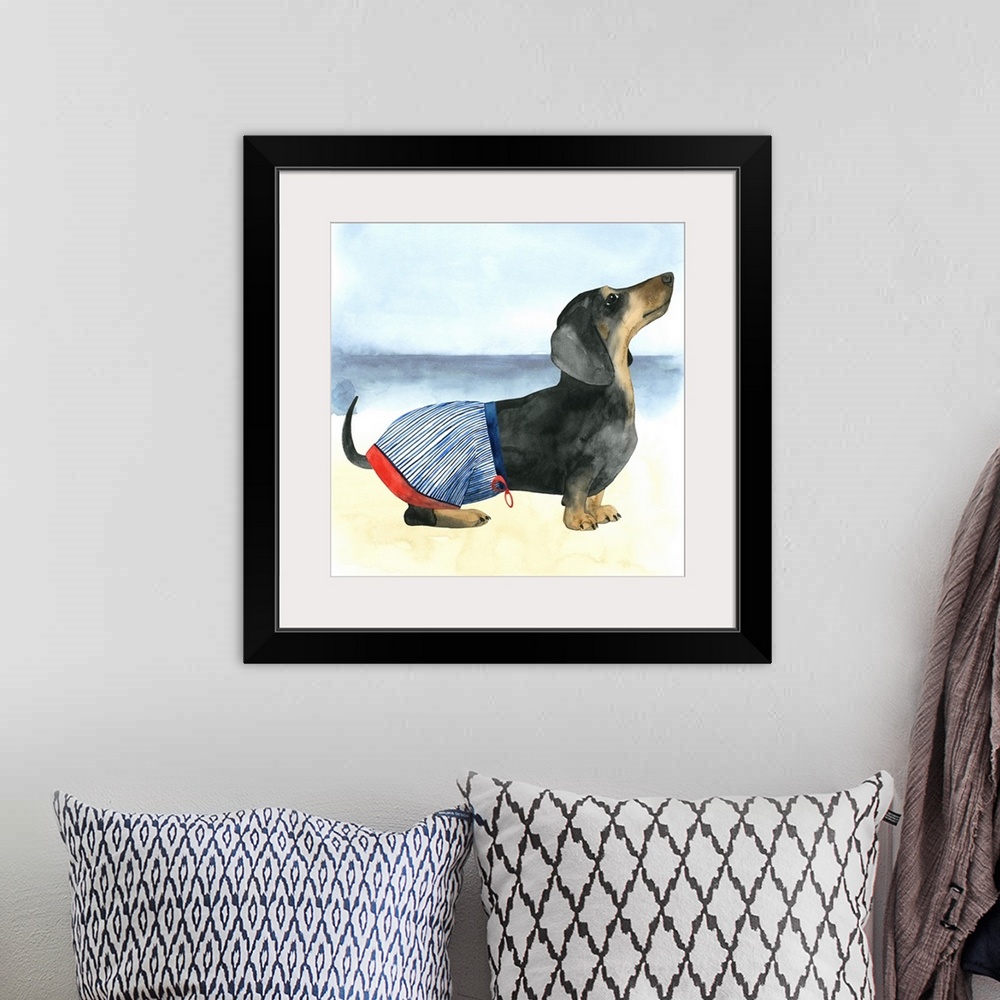 A bohemian room featuring Square watercolor painting of a Dachshund wearing a bathing suit on the beach.