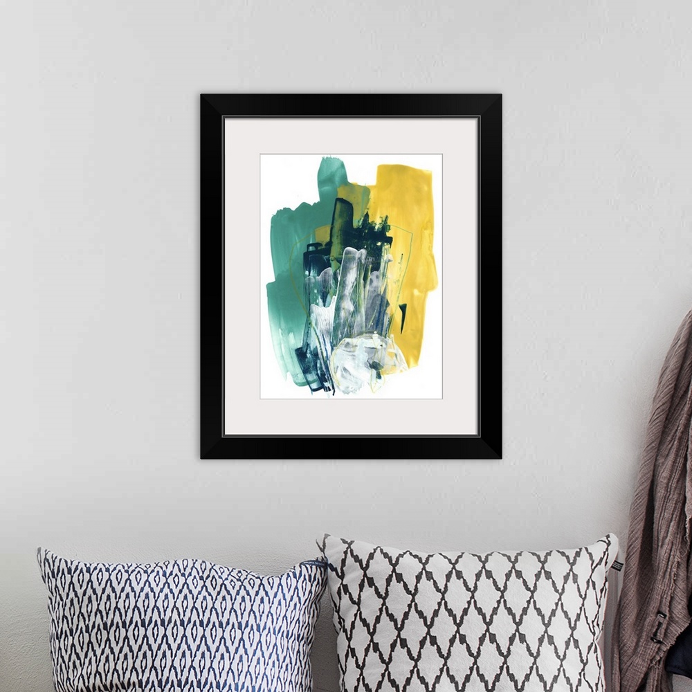 A bohemian room featuring Bold, upright brush strokes in teal, white and yellow layer over one another in this contemporary...