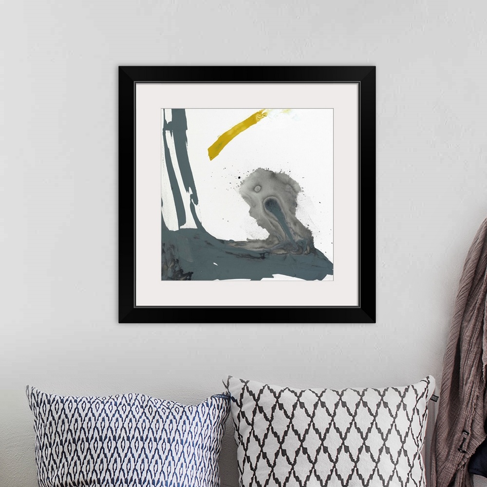 A bohemian room featuring Abstract painting using aggressive strokes of gray with a hint of yellow against a white background.