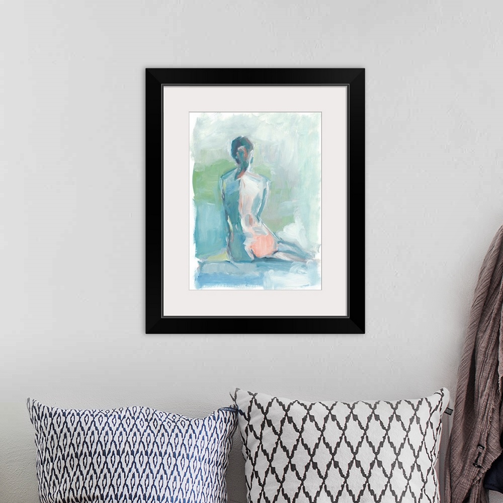 A bohemian room featuring Contemporary abstract figure study of the female nude in blues and greens.