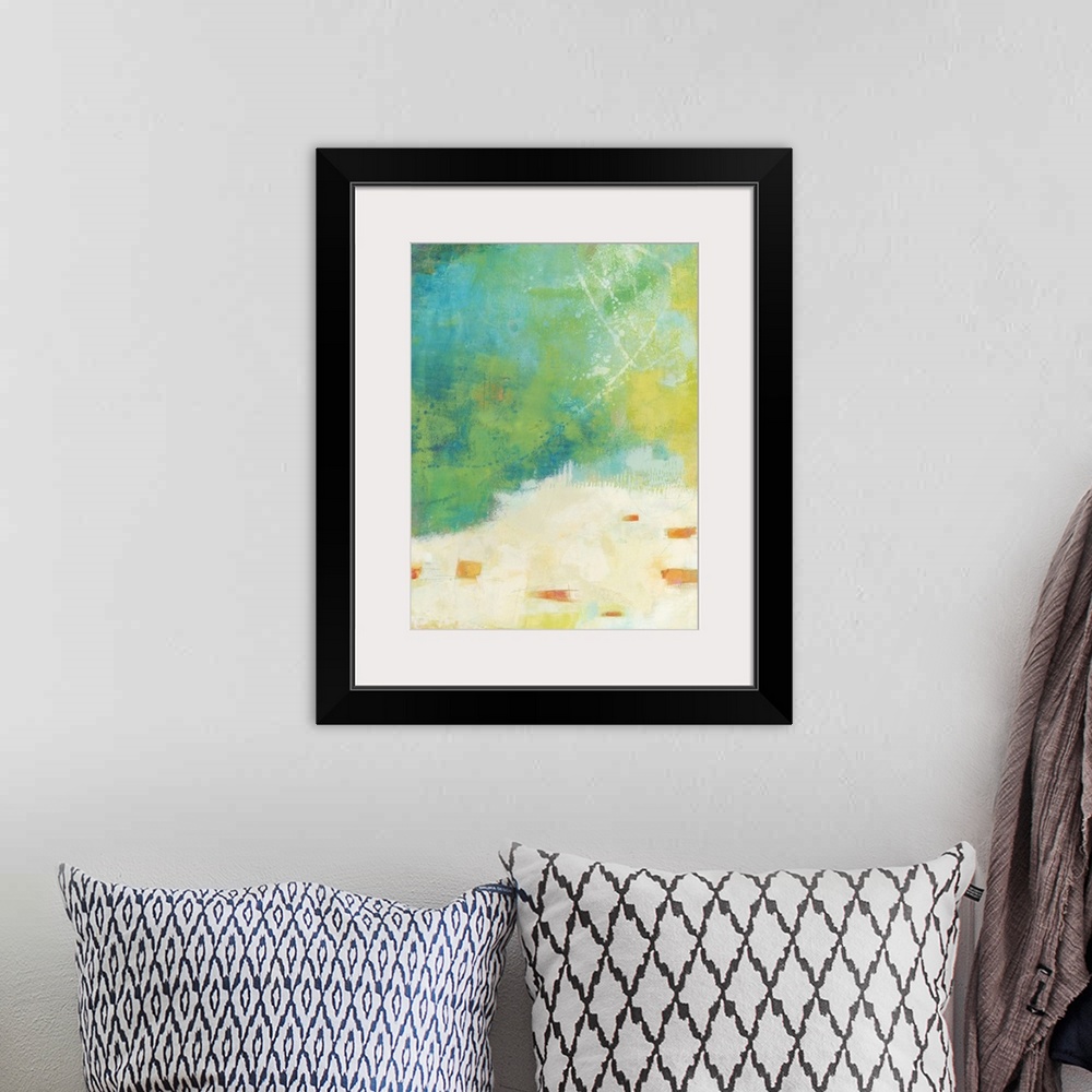A bohemian room featuring This abstract artwork is filled with bright colors in various textures and patterns that exemplif...