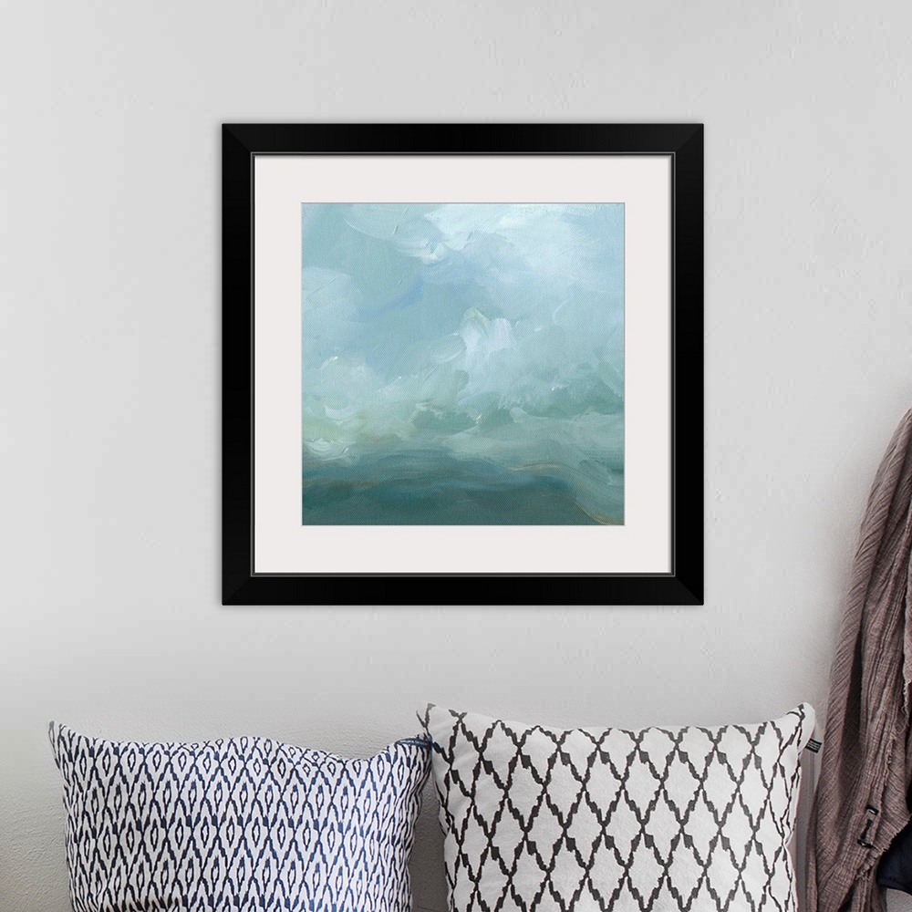 A bohemian room featuring Contemporary abstract painting using swirling gray and pale blue tones resembling clouds.