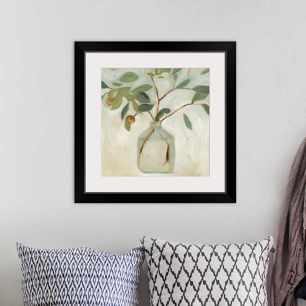 A bohemian room featuring A simple still life of leafy branches in a clear glass jar, painted in a chunky abstracted style ...