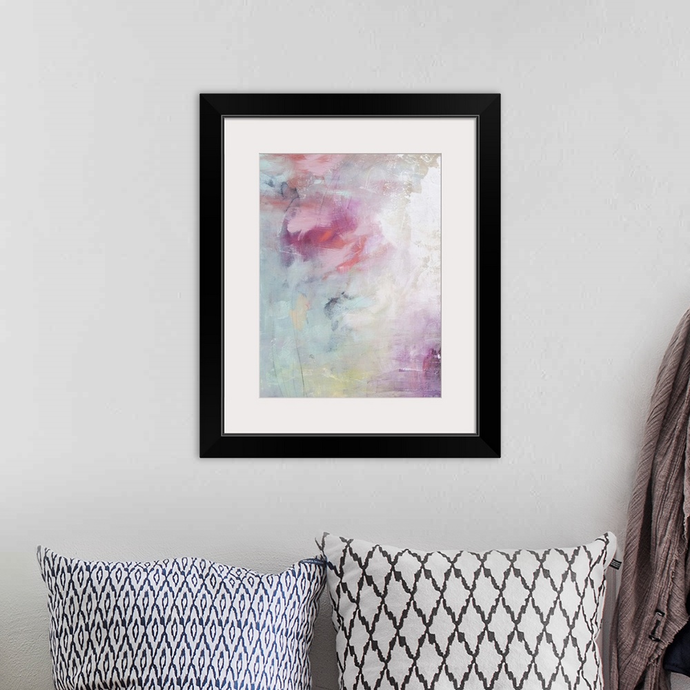 A bohemian room featuring Contemporary abstract painting using washed out cloud like textures surrounding vibrant splashes ...