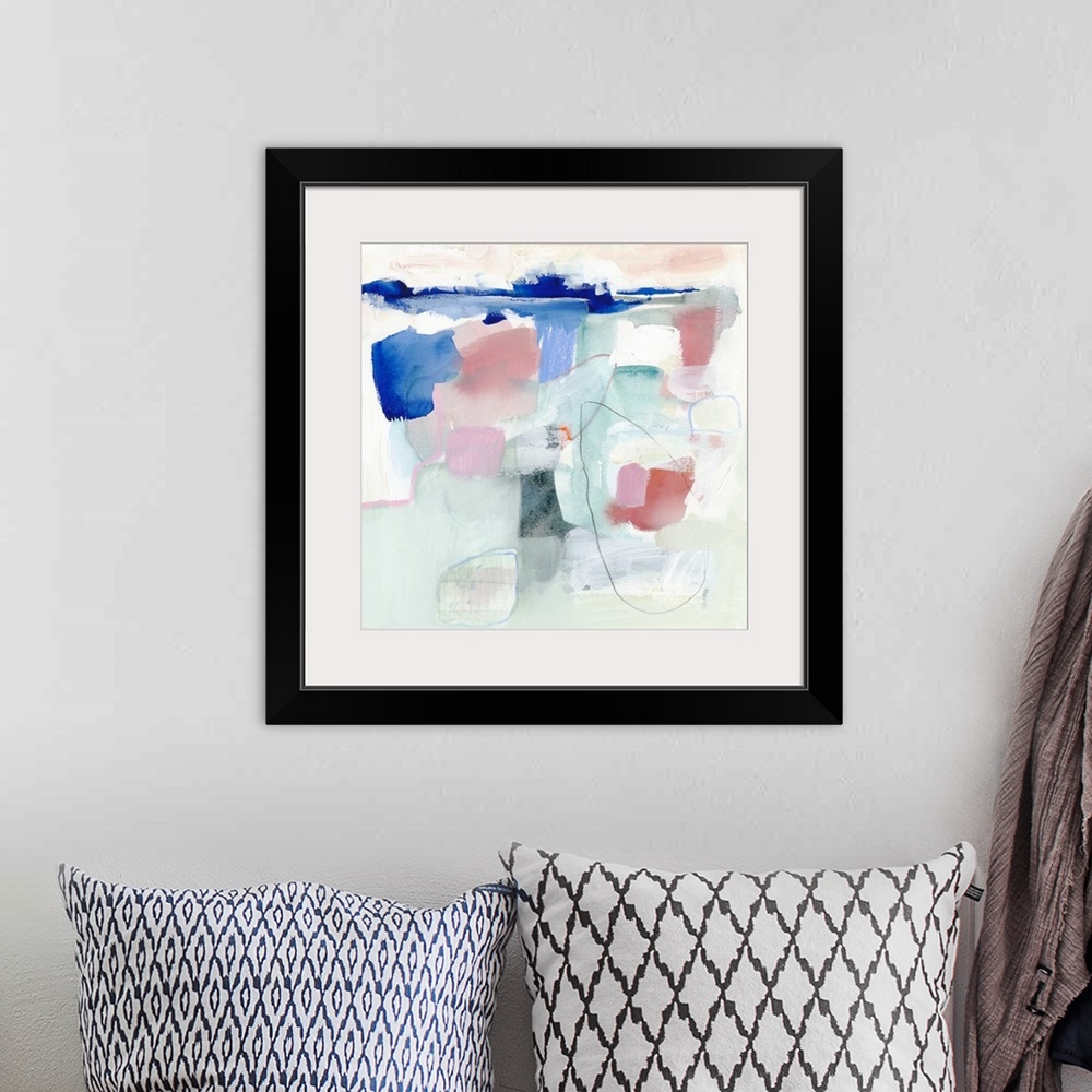 A bohemian room featuring Square abstract painting in pastel tones of green, blue, pink and white with overlaying fine blac...