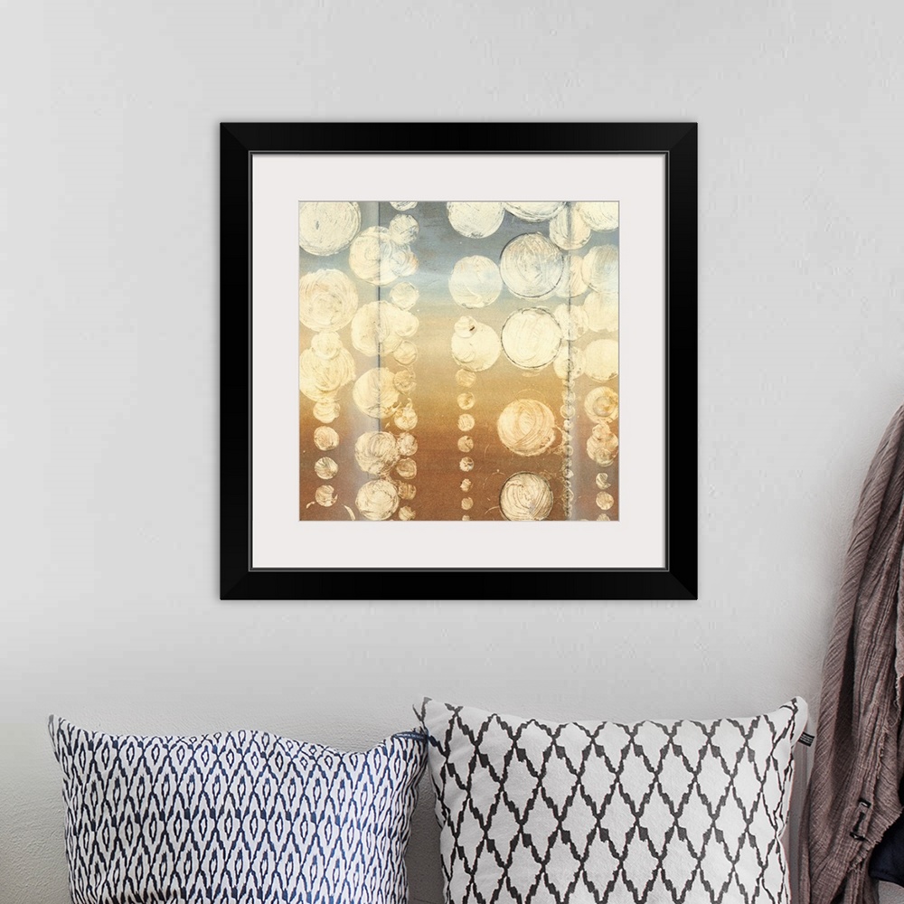 A bohemian room featuring Contemporary abstract art piece with heavy painted cream circles depicting rain drops falling fro...