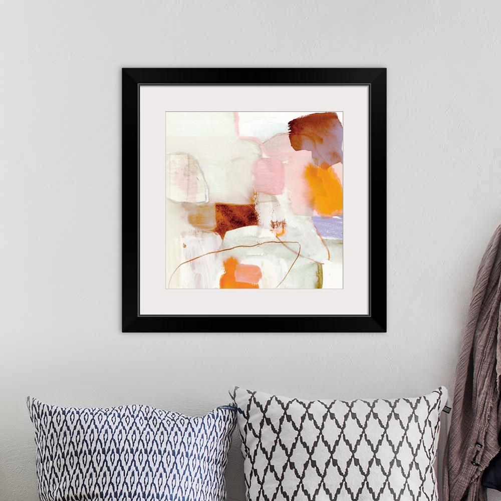 A bohemian room featuring Square abstract painting in shades of brown, orange, pink, purple and cream.