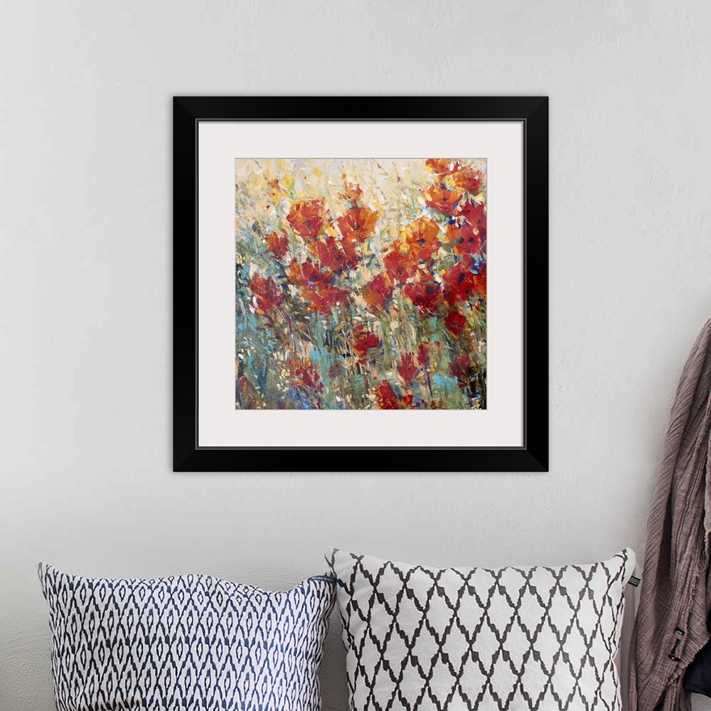 A bohemian room featuring Contemporary painting of several bright poppy flowers growing in the wild.
