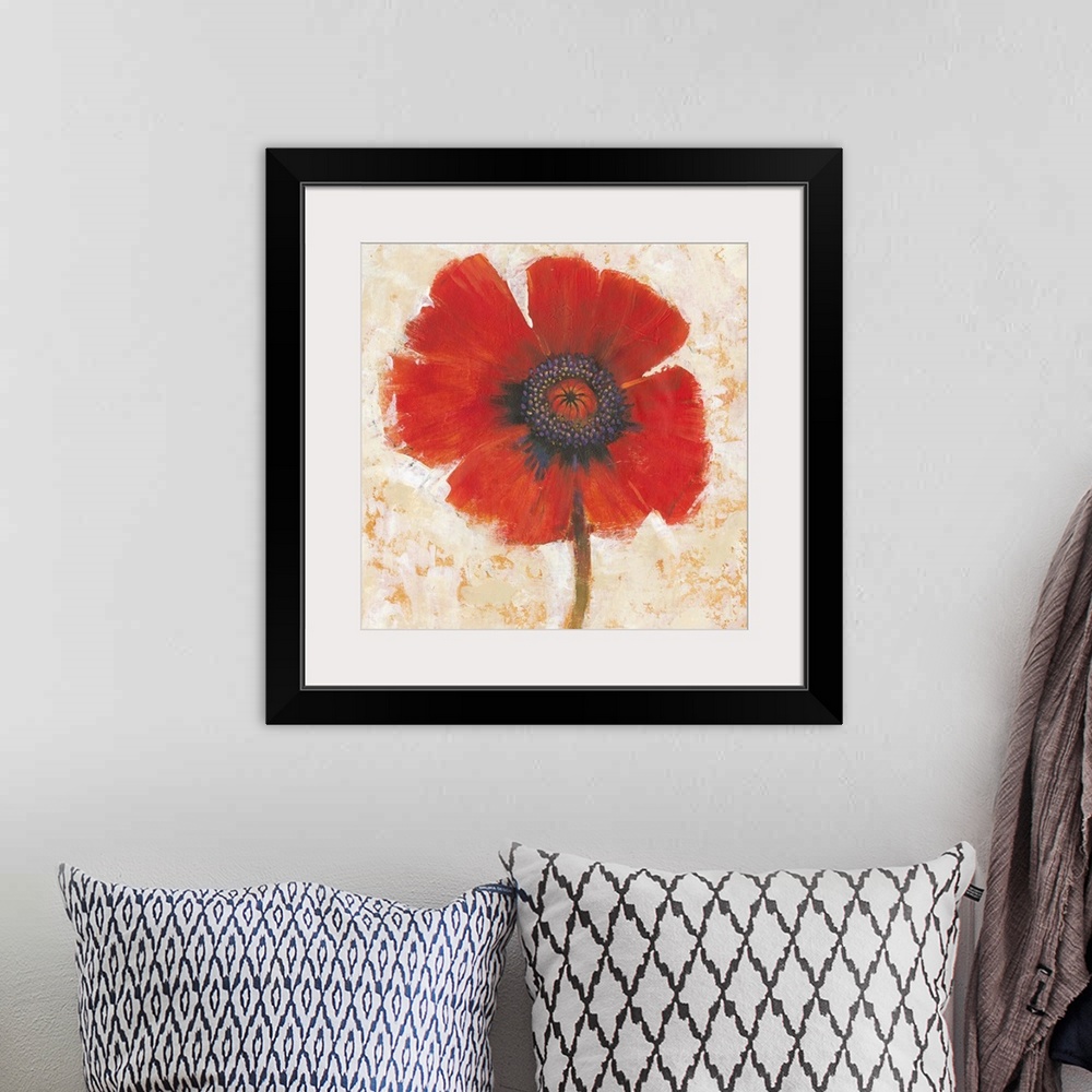 A bohemian room featuring Creative painting of a bright red poppy on a mottled gold and beige backdrop.