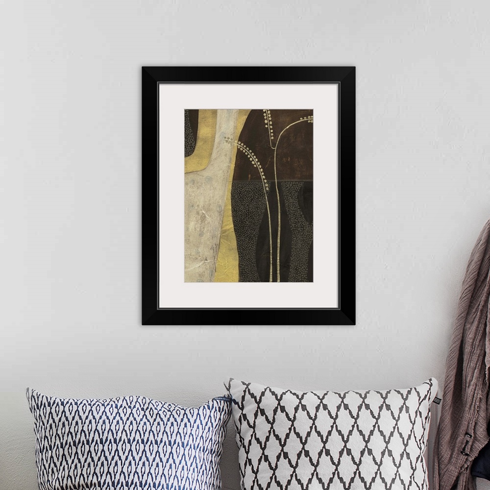 A bohemian room featuring Mid-century inspired contemporary abstract painting using pale tones and organic forms.