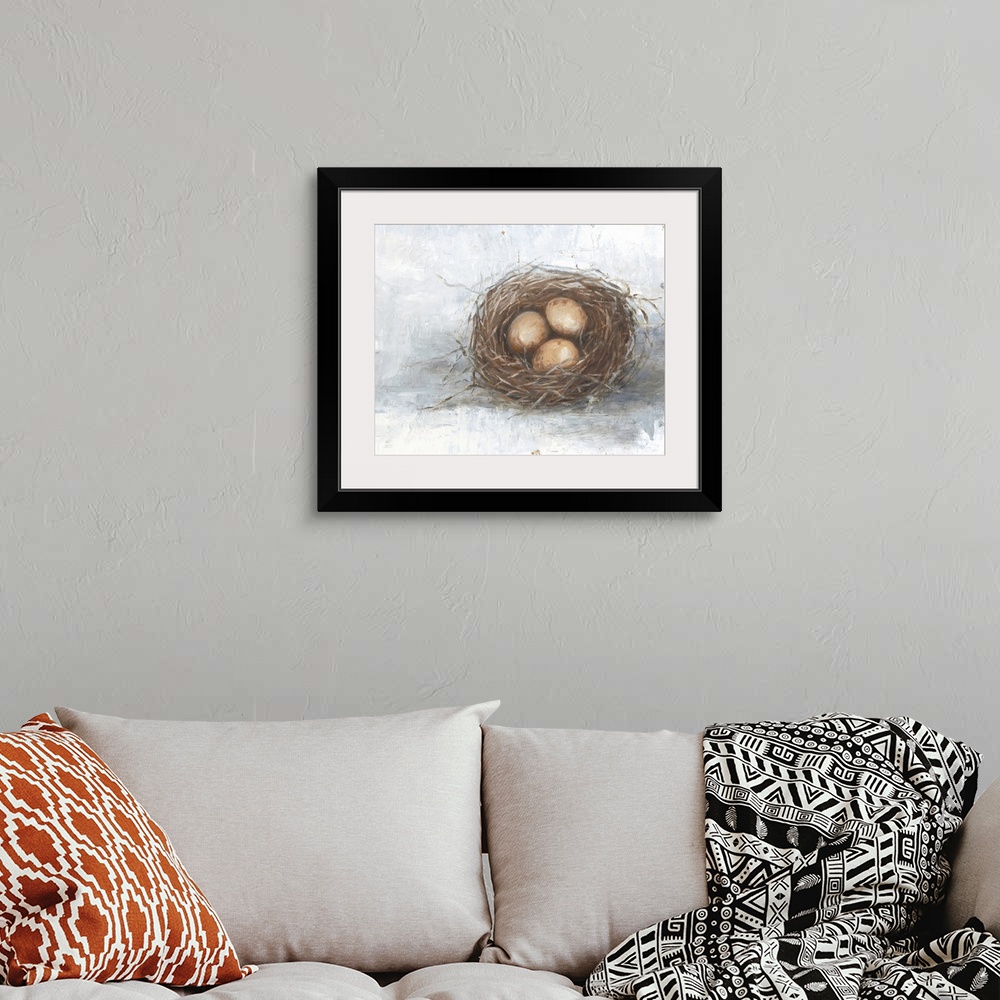 A bohemian room featuring Orange eggs resting in a nest against a distressed light background fills this rustic artwork.