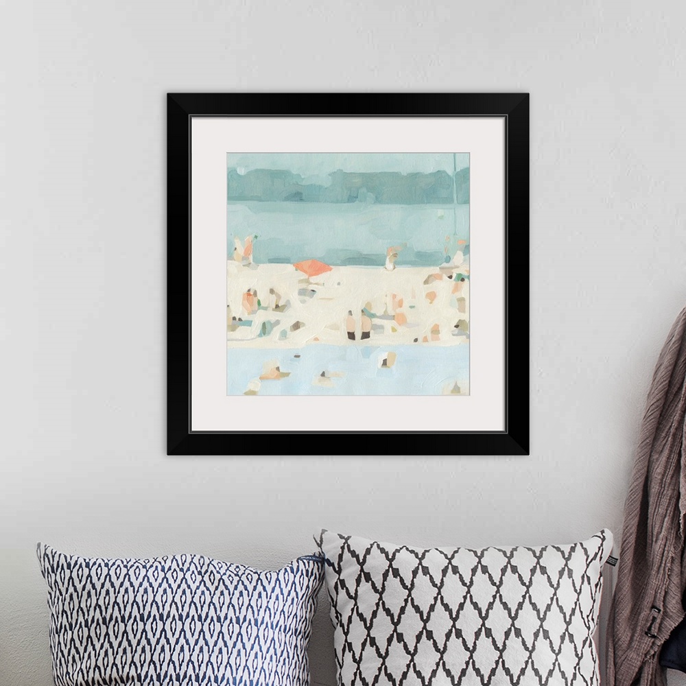 A bohemian room featuring A chunky, abstracted painting of beach goers on a sandbar, painted in a pleasing palette of bluei...