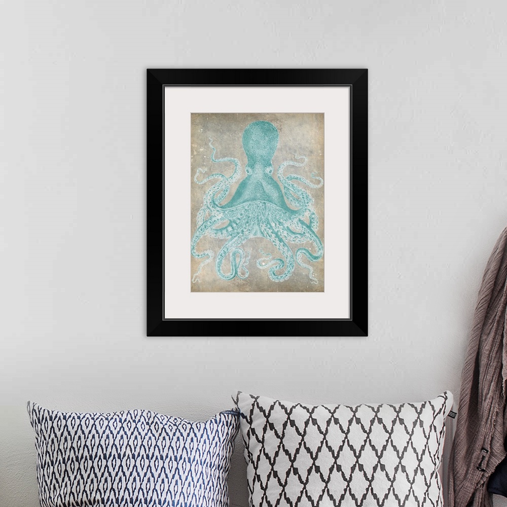 A bohemian room featuring Vintage stylized octopus in a pale blue against a neutral background.