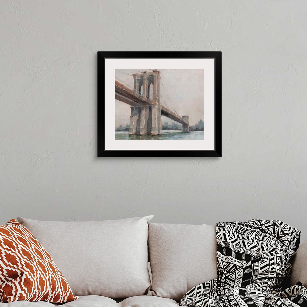 A bohemian room featuring A picturesque painting of Brooklyn Bridge in New York, in subdue colors with the city in the back...