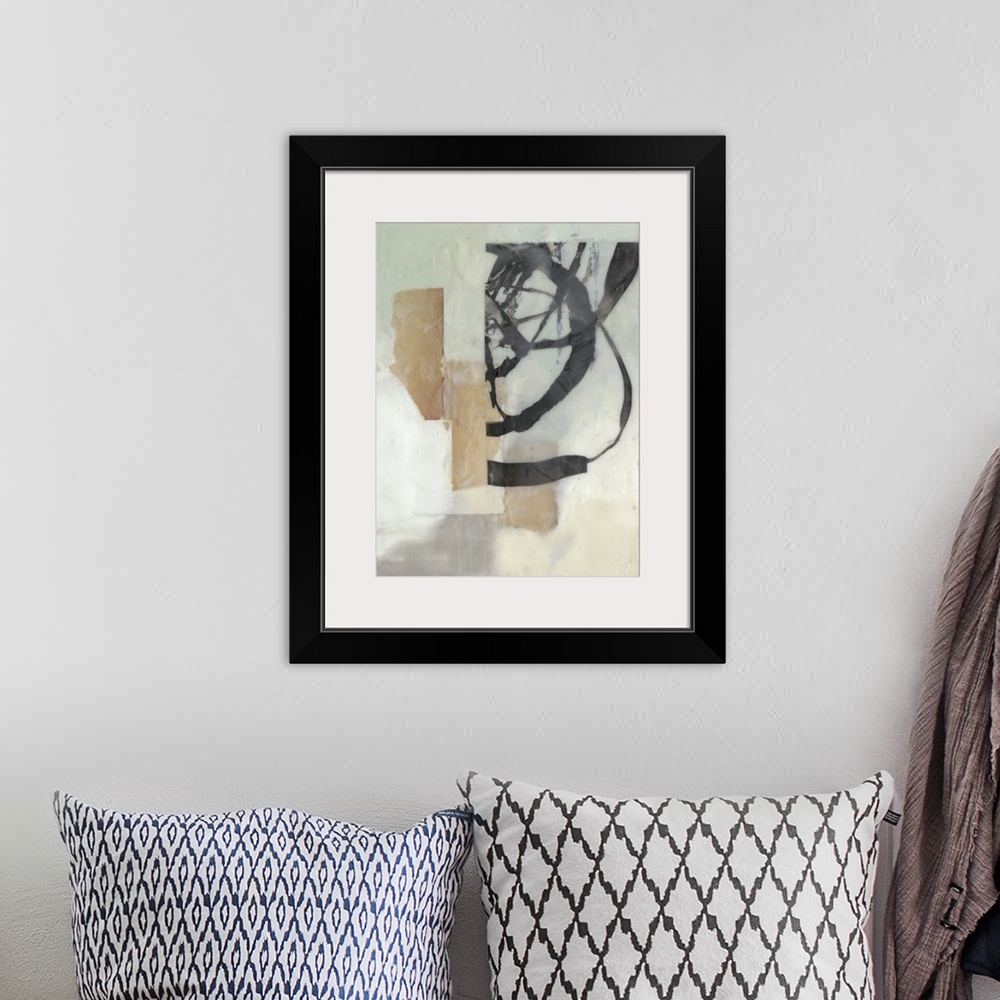 A bohemian room featuring A haze covers this abstract artwork completely with layers of black brush strokes underneath that...