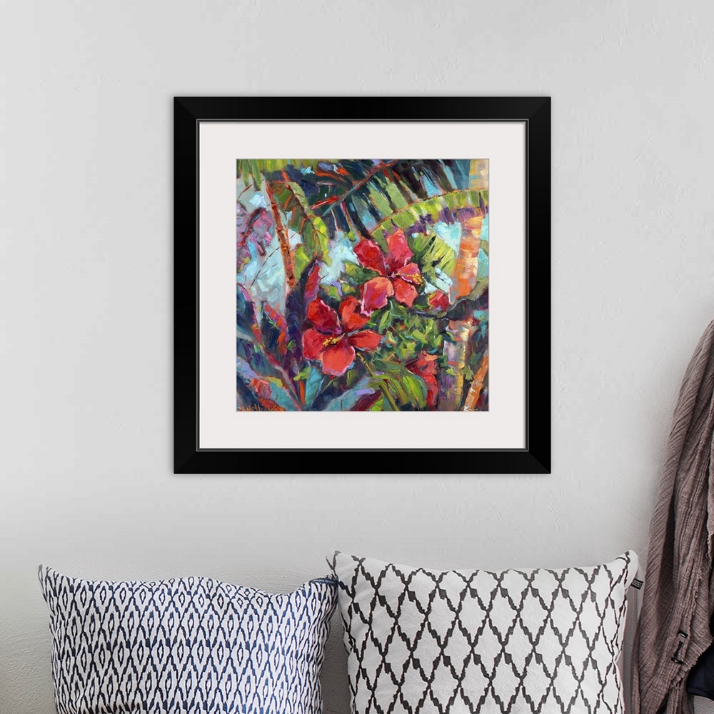 A bohemian room featuring Contemporary artwork of tropical hibiscus flowers in a jungle.