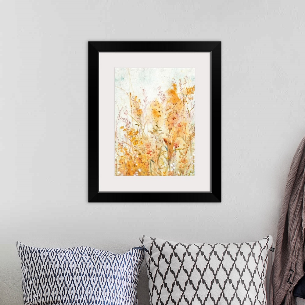 A bohemian room featuring Contemporary painting of pale orange and yellow flowers.