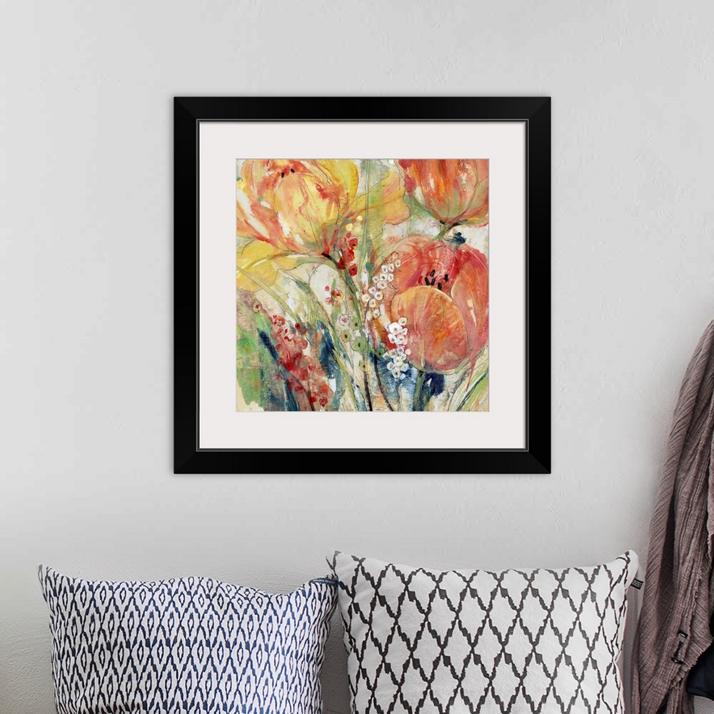 A bohemian room featuring Contemporary abstract painting of orange and yellow tulips blooming in spring.