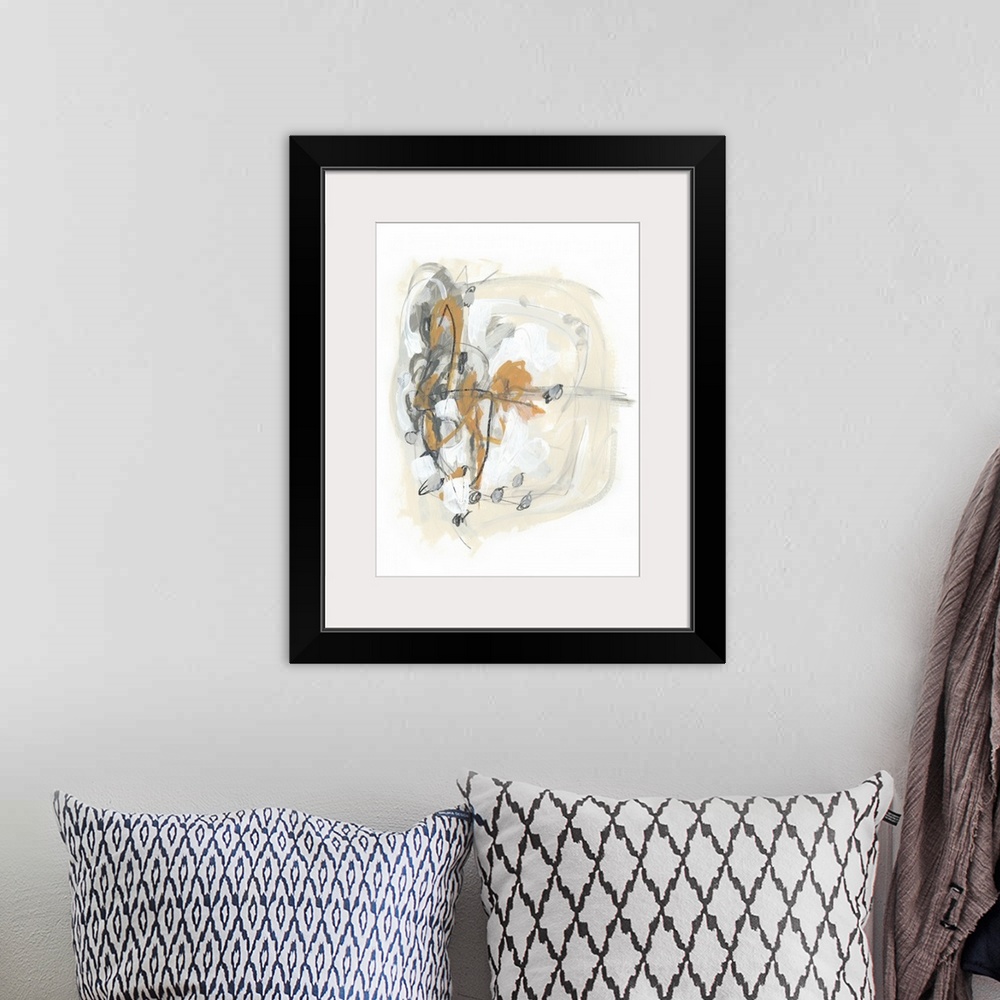 A bohemian room featuring Abstract painting in tones of gray, orange and beige with overlaying fine scribbles of gray and b...