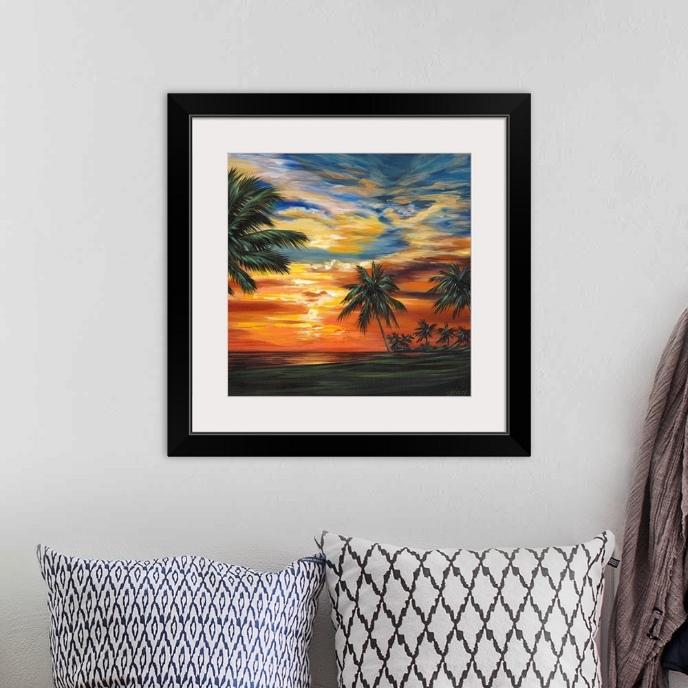 A bohemian room featuring Contemporary painting of a vibrant, colorful sunset over a tropical beach surrounded by palm trees.