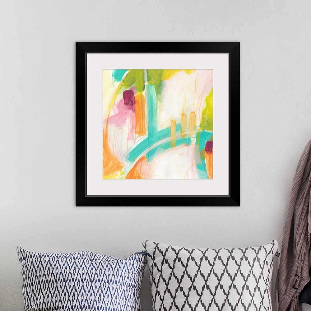 A bohemian room featuring Abstract painting using vibrant colors such as orange and teal to create wild shapes using broad ...