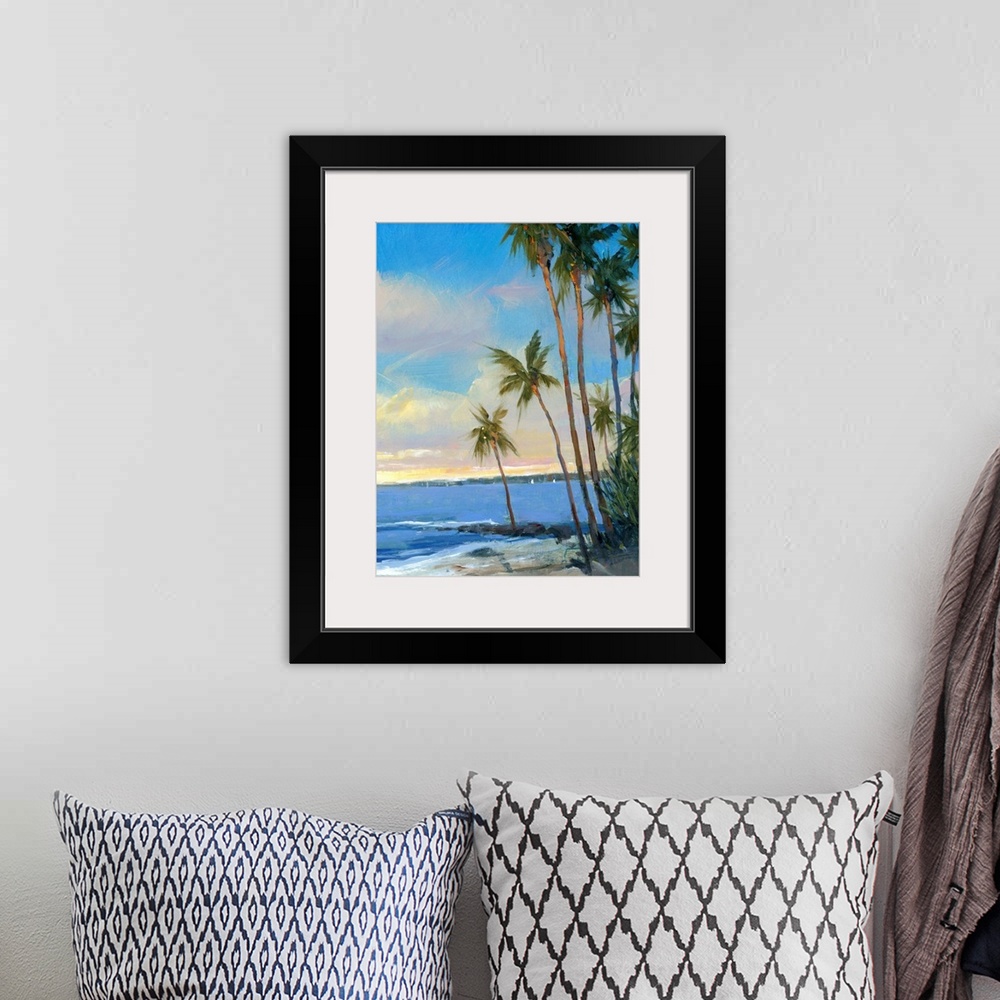 A bohemian room featuring This is a vertical painting of slender palm trees going on the edge of the shore of a sandy beach.