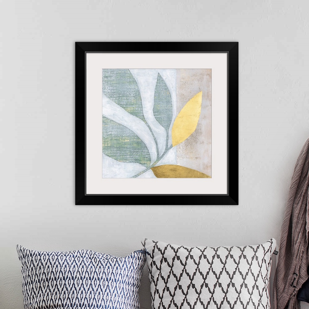 A bohemian room featuring A contemporary, textured painting of green and gold leaves on a neutral background