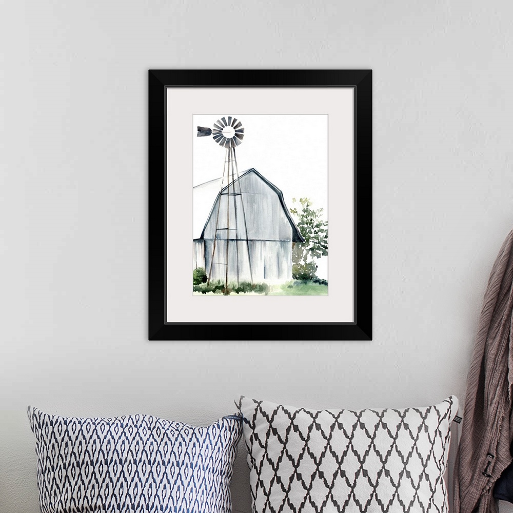 A bohemian room featuring This watercolor painting features a serene barn with a windmill.