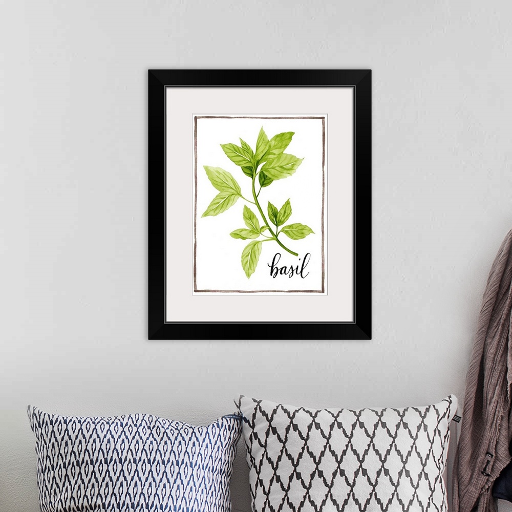 A bohemian room featuring Watercolor painting of basil leaves on a white background with a brown boarder and the word "basi...