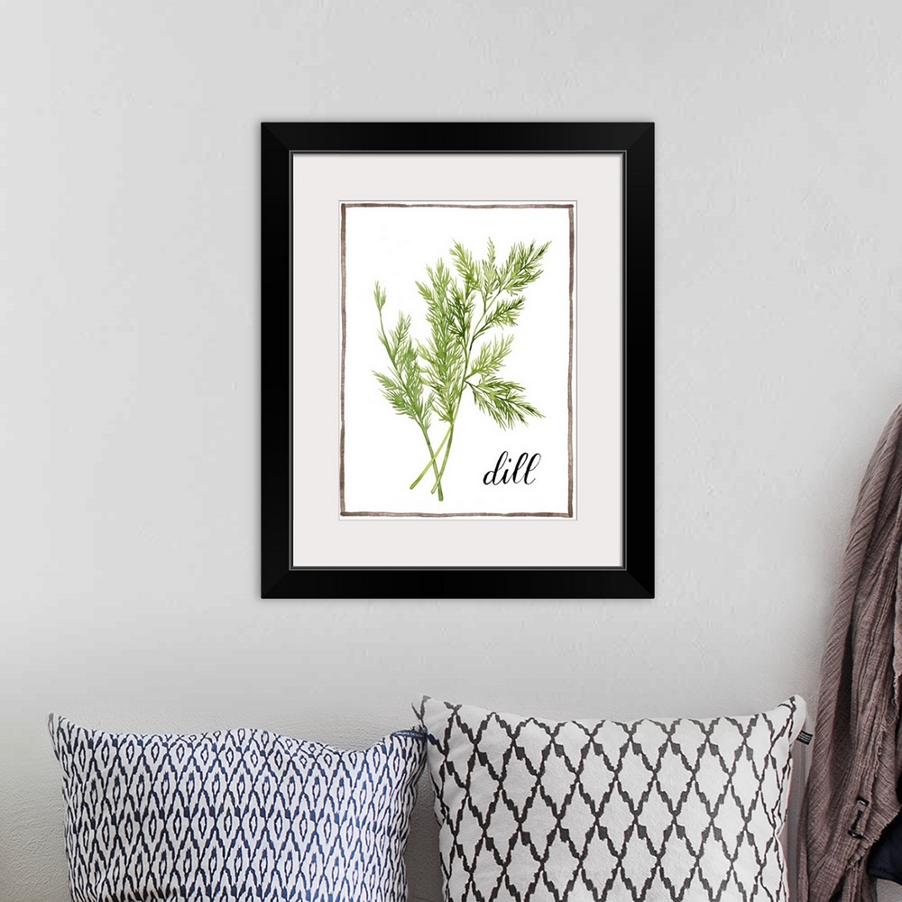 A bohemian room featuring Watercolor painting with springs of dill on a white background with a brown boarder and the word ...