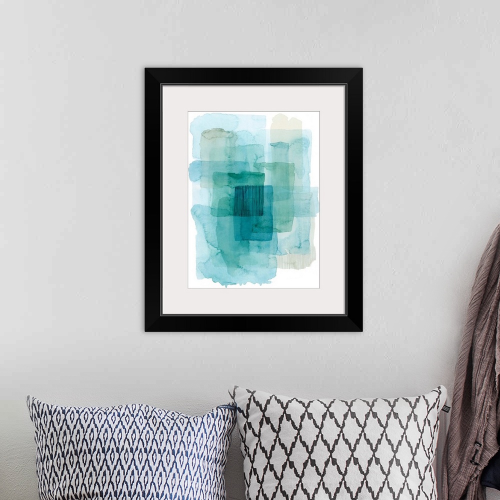 A bohemian room featuring Contemporary watercolor abstract in shades of blue.
