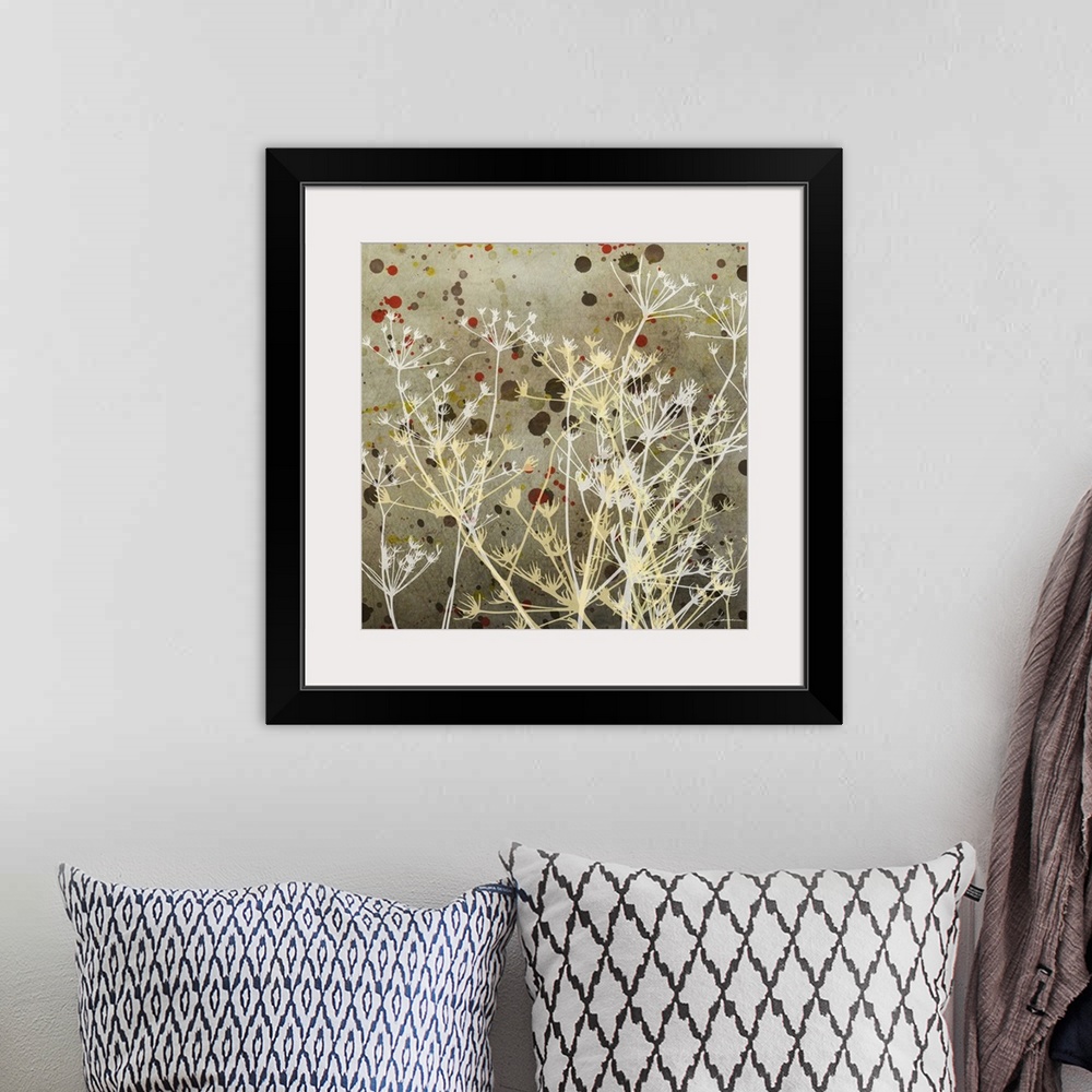 A bohemian room featuring Contemporary painting of a cluster of white silhouetted meadow weeds against a washed brown dingy...