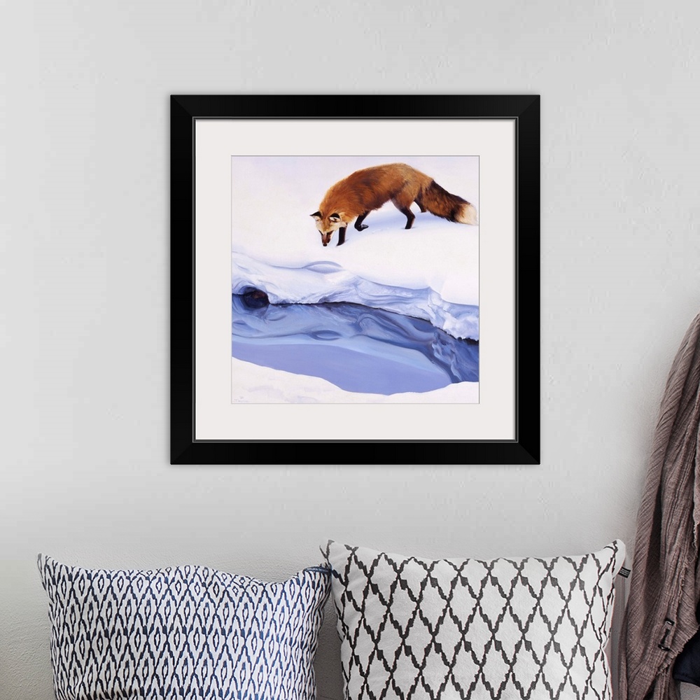 A bohemian room featuring Contemporary artwork of a red fox looking at a creek in thick snow.