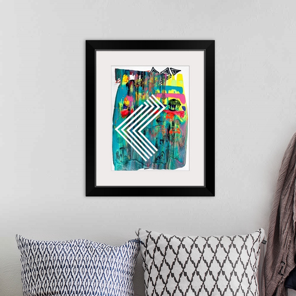 A bohemian room featuring Abstract expressionist painting with geometric color and lines invading the space in contrast wit...