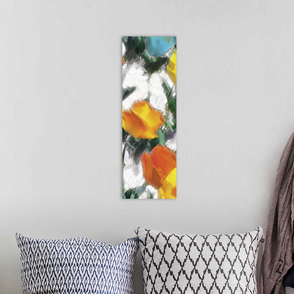 A bohemian room featuring A contemporary abstract painting of yellow, orange, red, and blue flowers on a white background m...