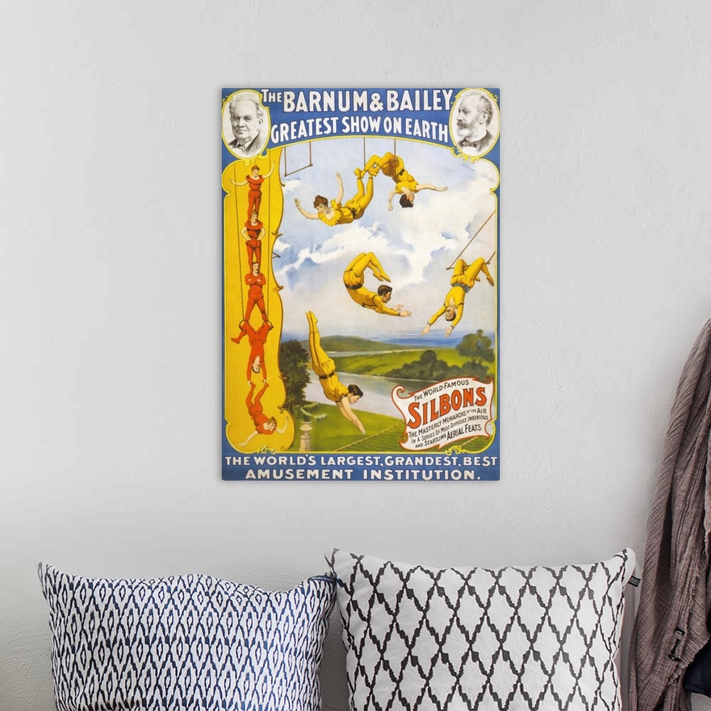 A bohemian room featuring The Barnum & Bailey greatest show on earth c1896 : Circus poster showing trapeze artists.