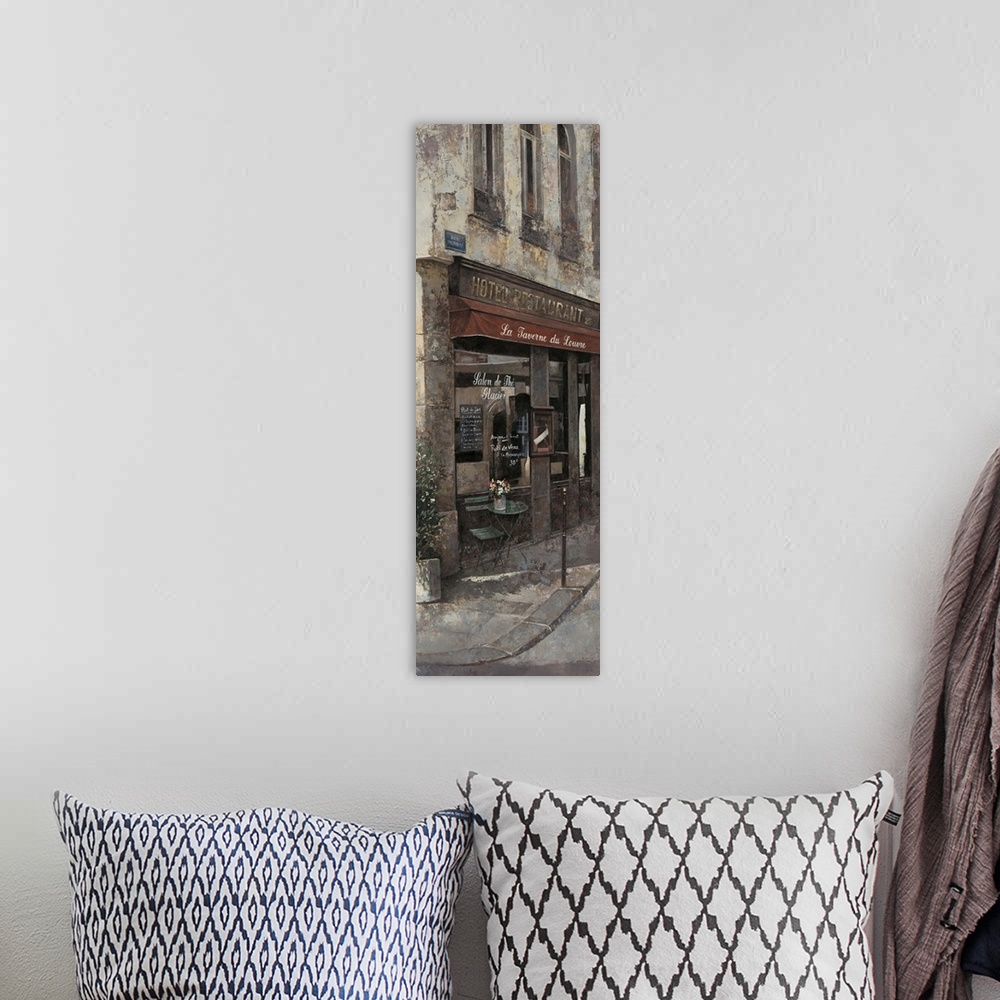 A bohemian room featuring Contemporary painting of a pub and bar storefront downtown in a city.