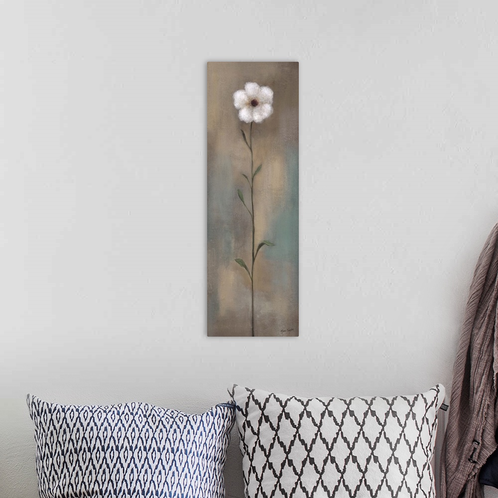 A bohemian room featuring Contemporary painting of a single white flower with a long stem against an earth toned background.