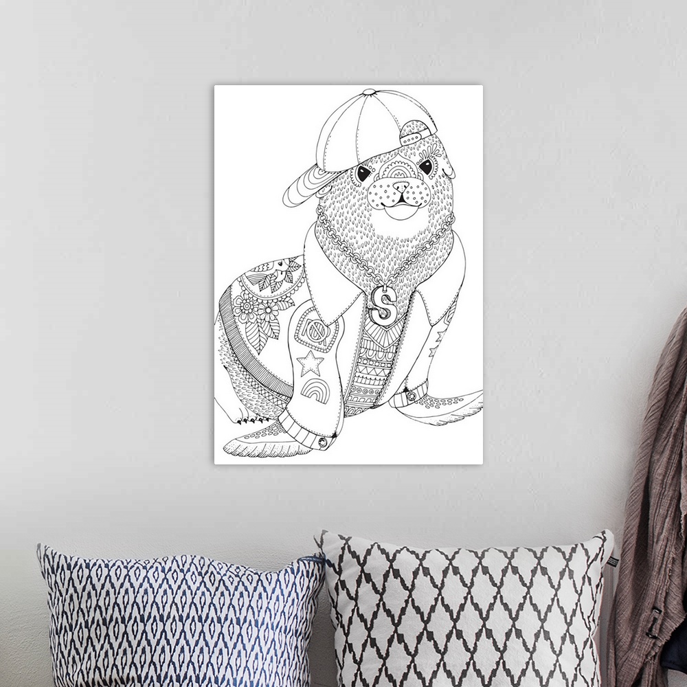 A bohemian room featuring Black and white line art of a sea lion wearing a jacket with patches, a hat, and a chain.