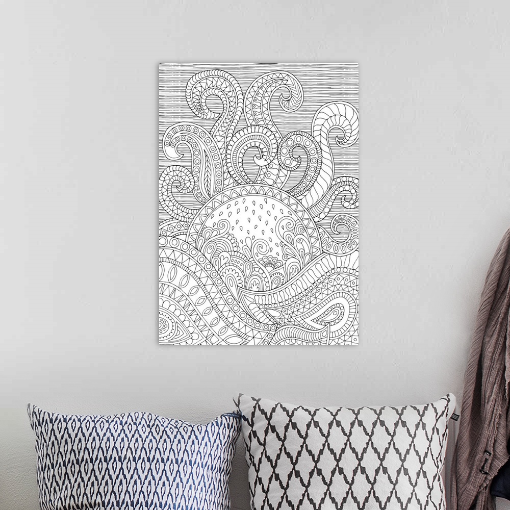 A bohemian room featuring Nature themed black and white line art resembling a sunrise made with intricate details and patte...