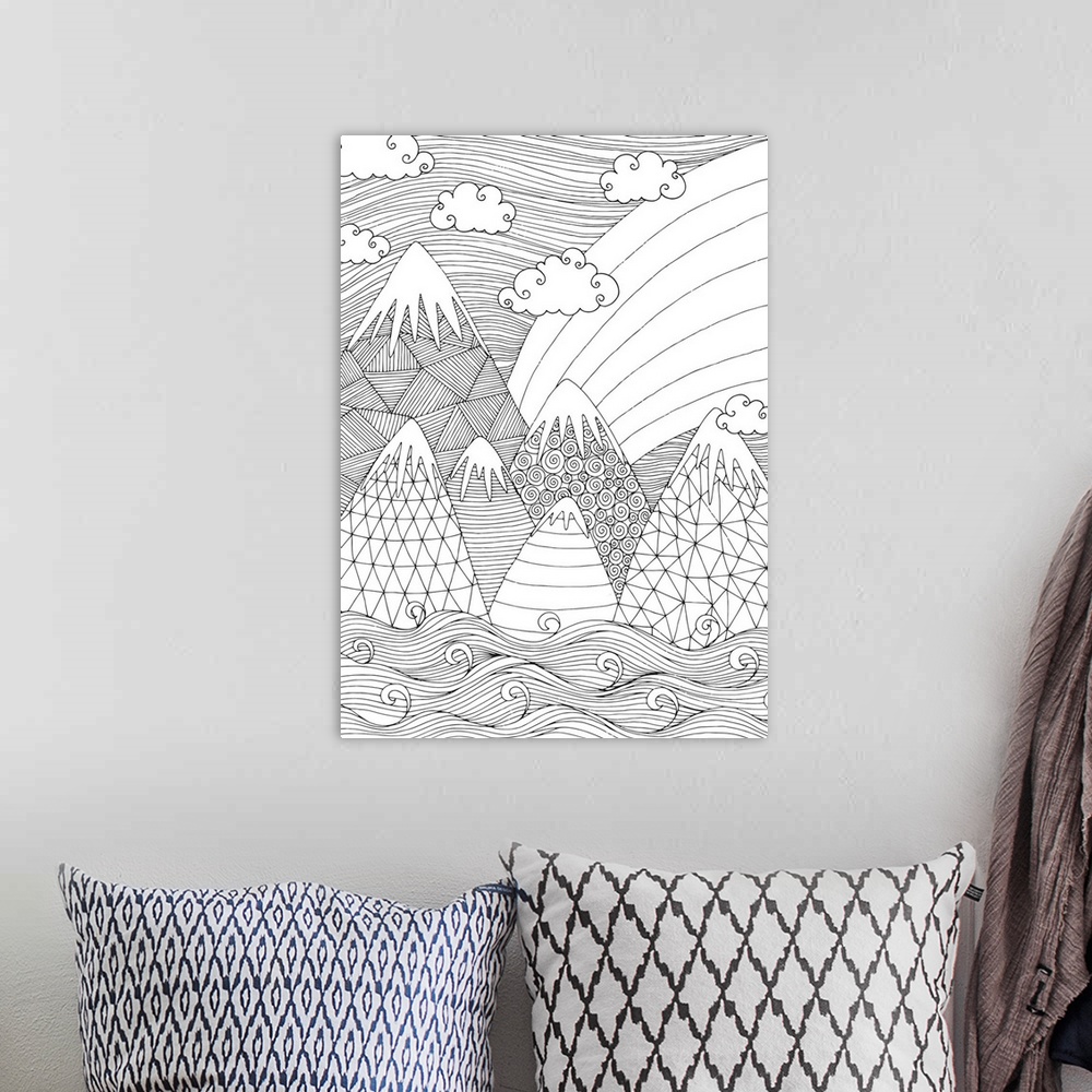 A bohemian room featuring Black and white line art of a mountain range made with different patterns, flowing water below an...